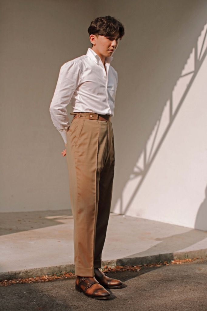 White Shirt with Linen Pants and Brown Double Monk-Strap Shoes 